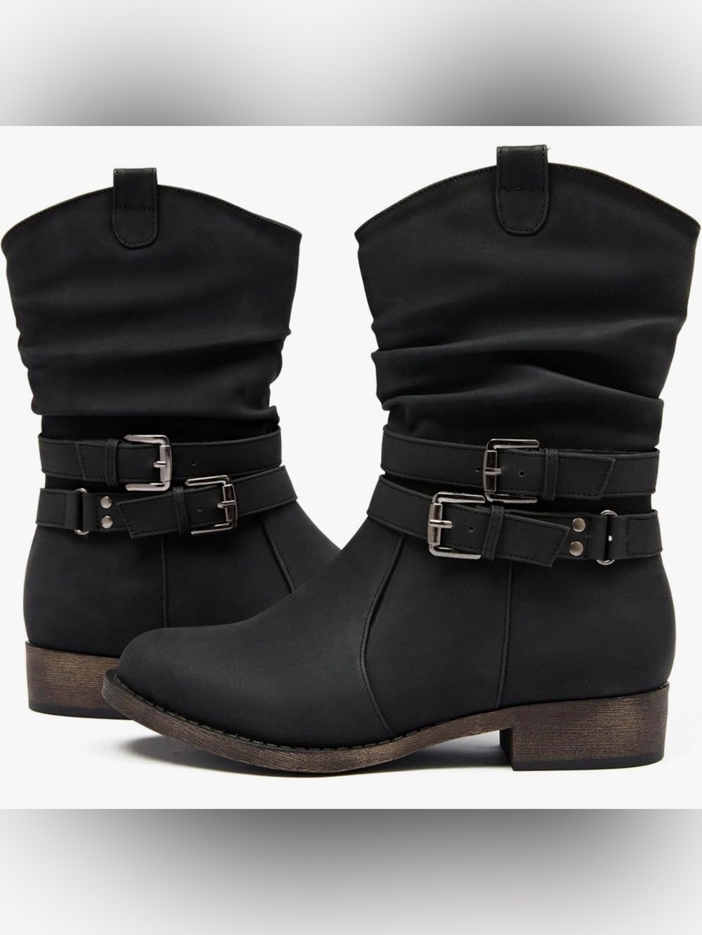 Classic Black Slouch Buckle Ankle Boots - Women